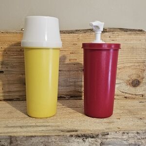 Vintage Tupperware Ketchup and Mustard 6 oz Dispensers with Pumps and Lids